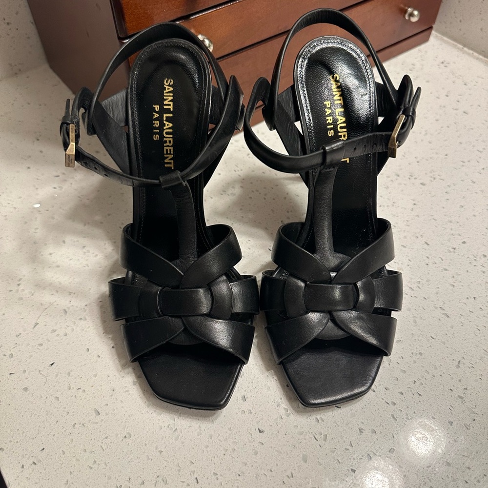 Saint Laurent Black Leather Tribute Sandal Heels